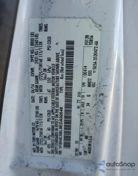 2014 Ford Econoline E350 Super Duty Wagon z USA, uszkodzony, nr VIN 1FBNE3BL9EDA92648